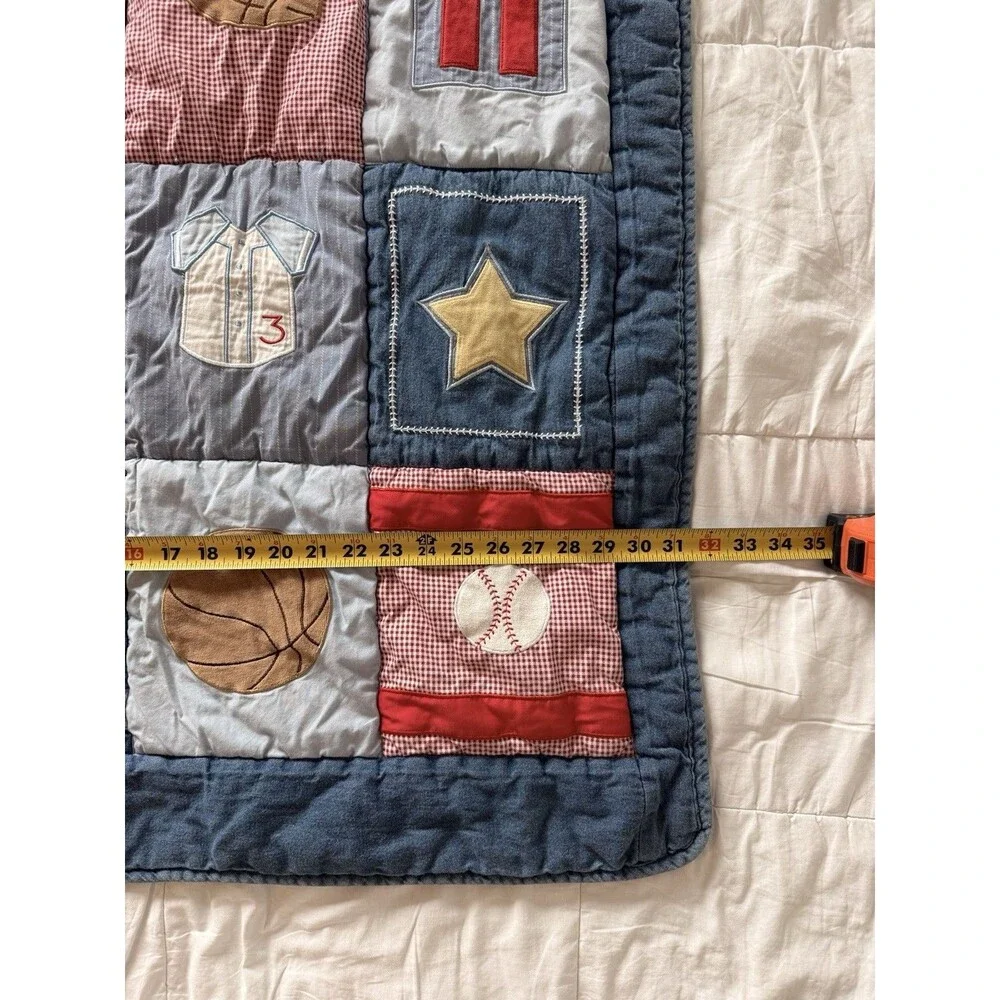 Baby/Toddler Sports Theme Quilted Crib Quilt, Blue Red White Nursery Bedding